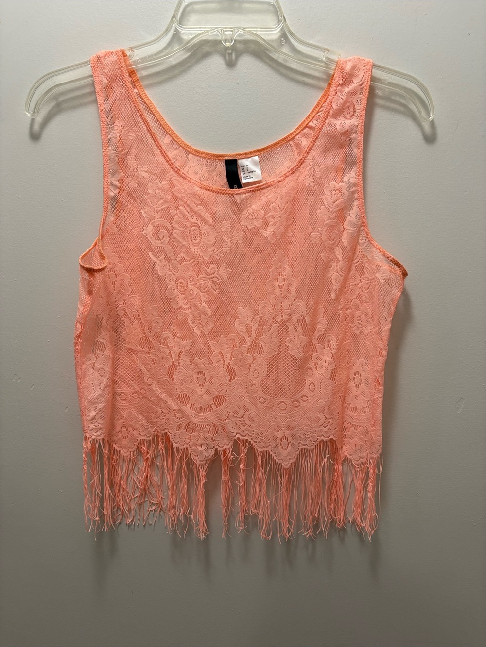 Divided Peach Lace Fringe Tank Top